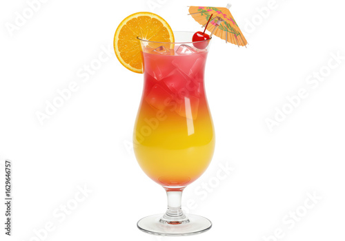 Isolated Vibrant Tropical Cocktail with Orange Slice and Cherry Garnish