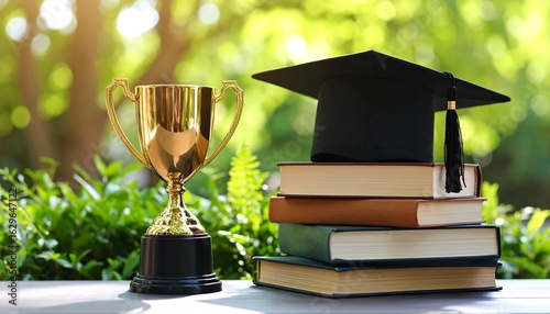 Golden trophy with graduation cap on books, outdoors with sunlight and greenery, symbolizing academic success and achievement