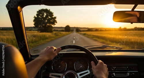 夕焼け空の下、爽快なドライブ！美しい風景と自由な時間