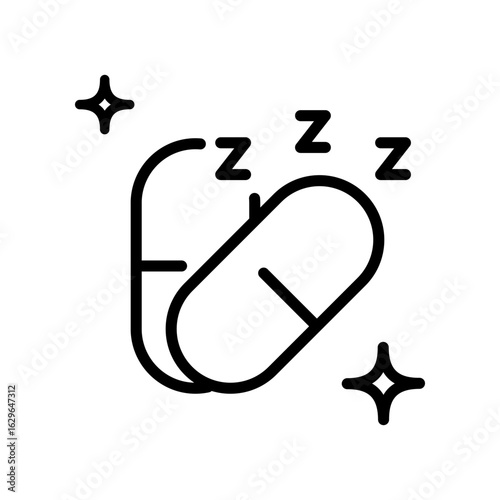 Sleeping Pills Outline Icon. Sleep Aid Medication. Nighttime Rest And Relaxation. Insomnia Relief Line Symbol. Isolated Vector Illustration, isolated on white background.