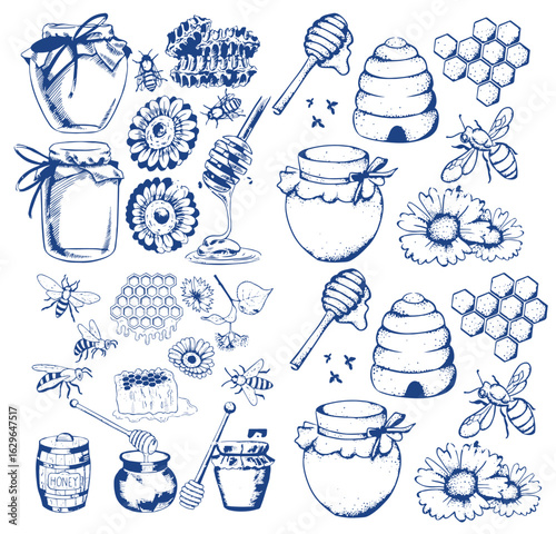 Honey set with beehives, honeycombs, honey, bees. Vector illustration
