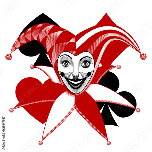 The joker's head in a cap with bells on a background of symbols of the suit of playing cards solated on a white. Vector illustration in vintage black and red 
engraving and linear style