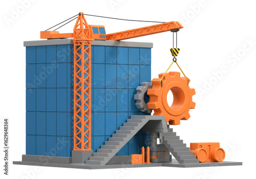 Isolated 3D Construction Site with Crane, Modern Building, and Industrial Gears