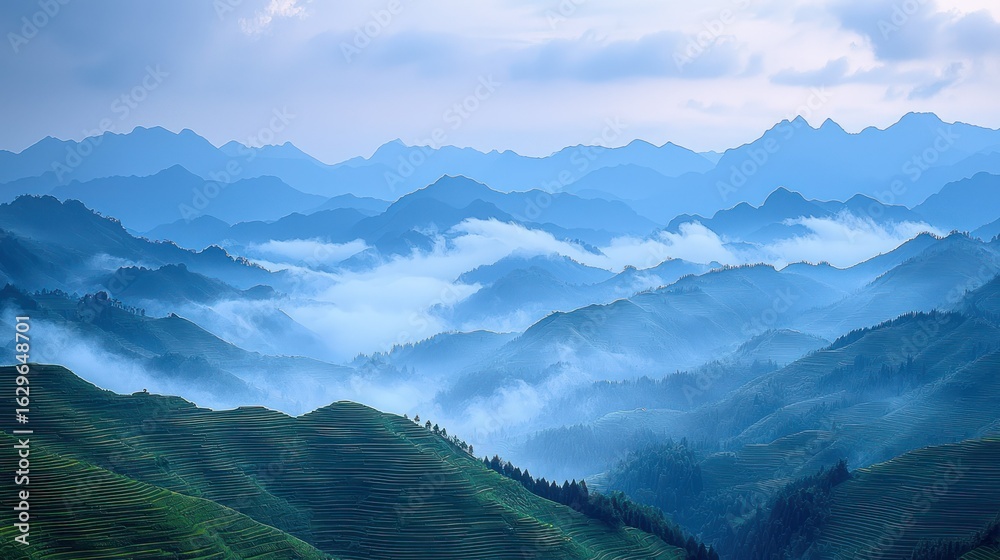 Fototapeta premium Misty mountain range, serene landscape