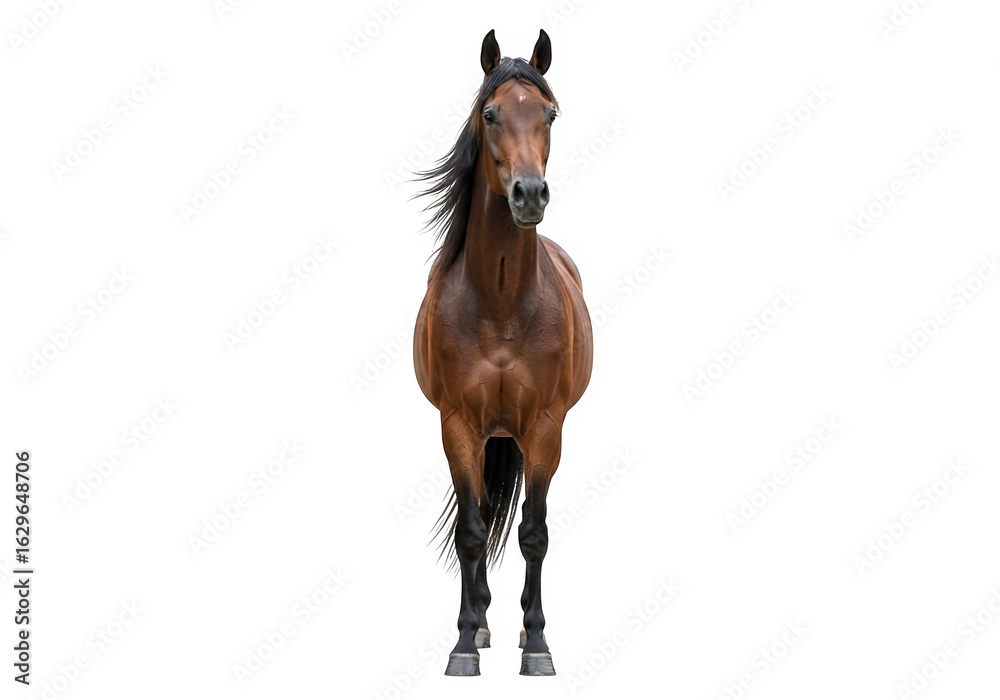 Obraz premium A majestic brown horse standing proudly, captured in a studio shot isolated on a clean transparent background, showcasing its powerful build and flowing mane
