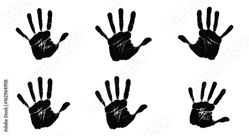 Six black handprints on a white background representing individuality and diversity