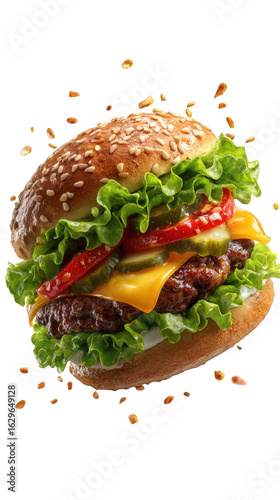 Delicious cheeseburger with fresh ingredients isolated on transparent background, showcasing a tasty and appetizing meal perfect for lunch or dinner at a restaurant
