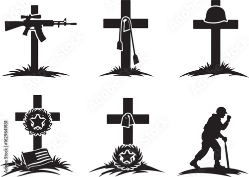 Memorial Crosses and Military Symbols in Black Silhouette Style