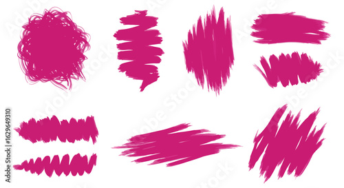 Collection of vibrant pink abstract brush strokes and paint splatters on a clean white background