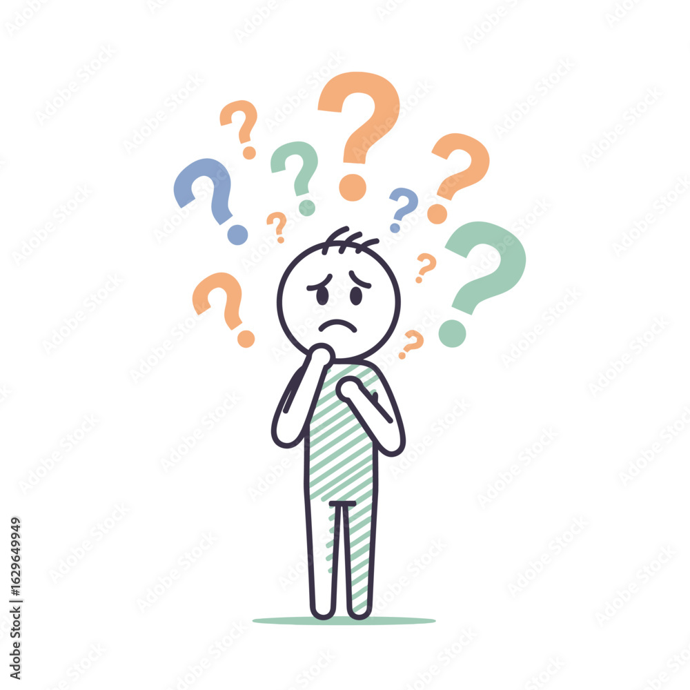 A simple stick figure cartoon character stands in deep thought, surrounded by colorful question marks, symbolizing confusion, uncertainty, and problem-solving.