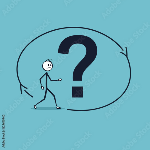 A stick figure illustration depicts a person caught in an endless loop of confusion and uncertainty while searching for answers to a complex problem or dilemma.