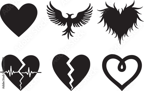 Heart and bird symbols in black silhouette style icons