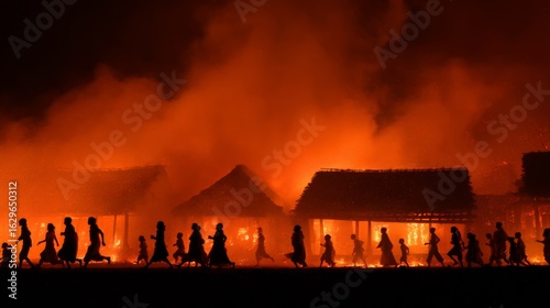 Silhouetted villagers fleeing burning huts in dramatic fiery night scene.