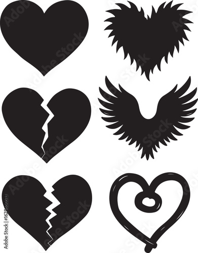 Heart and wing symbols in black on white background