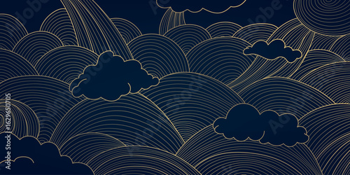 Vector japanese, chinese clouds background. Line golden asian sky pattern, curl drawn wind ornament, wave elegant poster.
