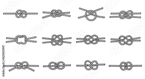 Collection of twelve different types of nautical knots and rope ties illustrated in a clean line drawing style