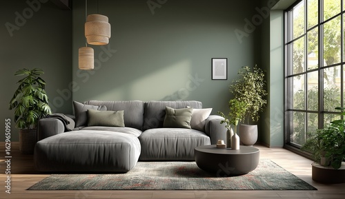 Modern minimalist living room with grey corner sofa and white coffee table set against a green wall, close-up of stylish home interior with natural lighting, cinematic tone, and high-end decor element