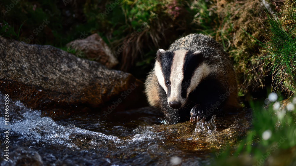 Obraz premium Badger Crossing a Stream Natural Light