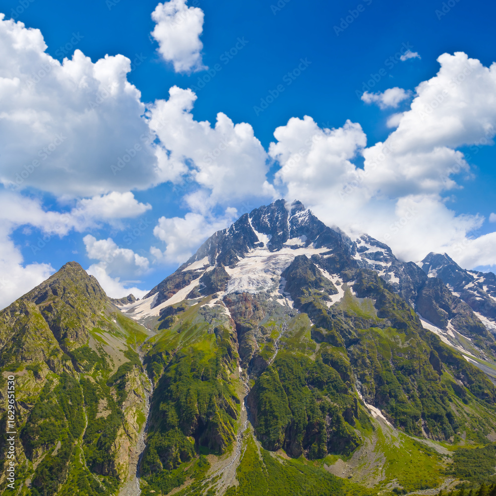 Fototapeta premium green mountain ridge in snow under dense cloudy sky