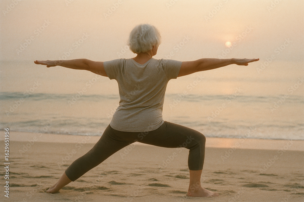 Fototapeta premium elderly woman doing yoga at sunrise