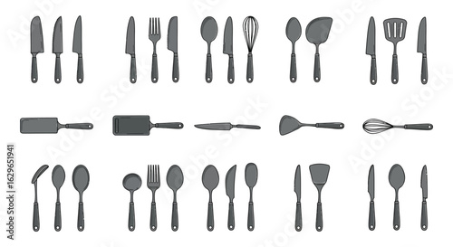 Collection of kitchen utensils and cutlery arranged in rows on a white background