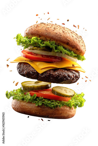 A mouthwatering burger with fresh lettuce, juicy tomato, melted cheese, and savory beef, isolated on transparent background, a perfect representation of american fast food cuisine