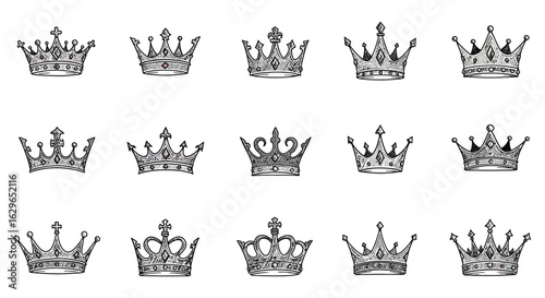 Collection of ornate royal crowns and regal emblems in a vintage illustrative style