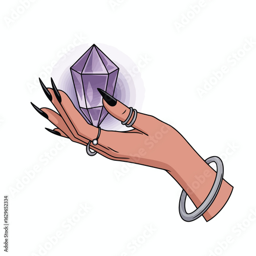 Vector illustration of Mystic Hand: Purple Crystal Gem, Long Nails, Jewelry - Occult Art