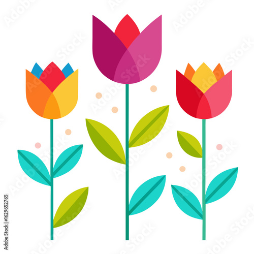Three colorful geometric tulips with green leaves and stems