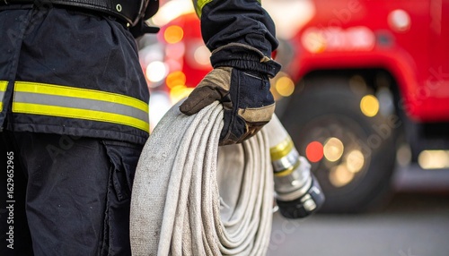 Brave firefighter in protective gear holding coiled hose ready for action with blurred fire truck background