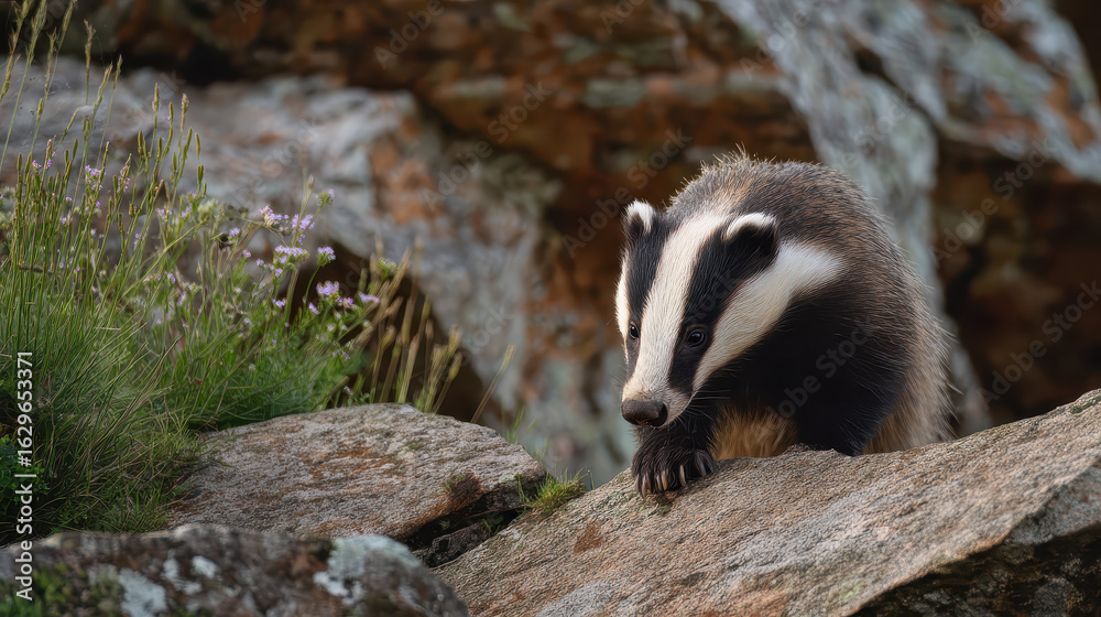 Fototapeta premium Badger Exploring Rocky Outcrop Natural Light