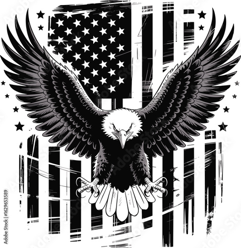 A black and white monochromatic artistic illustration of an American bald eagle with spread wings centered against a distressed American flag background