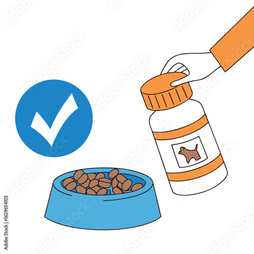 Hand holding pet medicine bottle near food bowl with checkmark pet food dog food