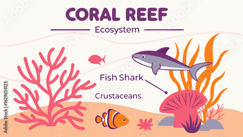 Explore the vibrant coral reef ecosystem with fish shark crustaceans and marine life in this illustration
