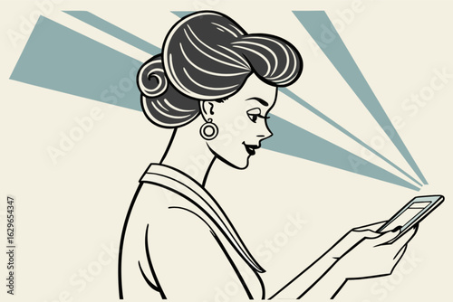Retro woman using smartphone vector illustration for social media and communication design projects online now