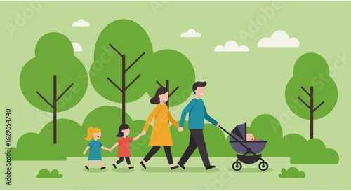 Family walking in a park with a baby stroller and trees