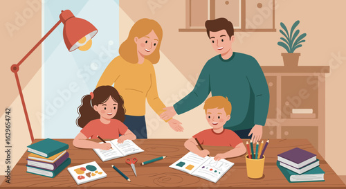 Family at a desk studying with parents overseeing