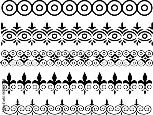 Black ornamental borders with circular and floral motifs white decorative