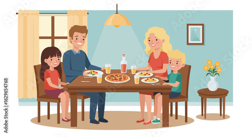 A family of four is dining at a wooden table with pizza and drinks