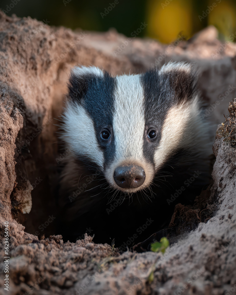 Fototapeta premium Badger Kit Peeking Burrow Soft Light Clean