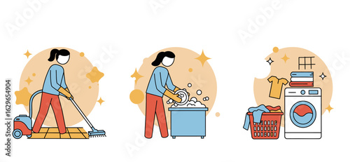 Home cleaning activities vacuuming dishwashing and laundry