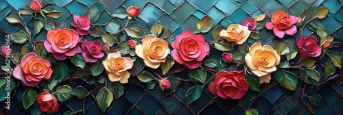 Rose leaves and flowers intertwine on a beautiful fence, creating a soft, intricate weave. Elegant garden feel, serene atmosphere.