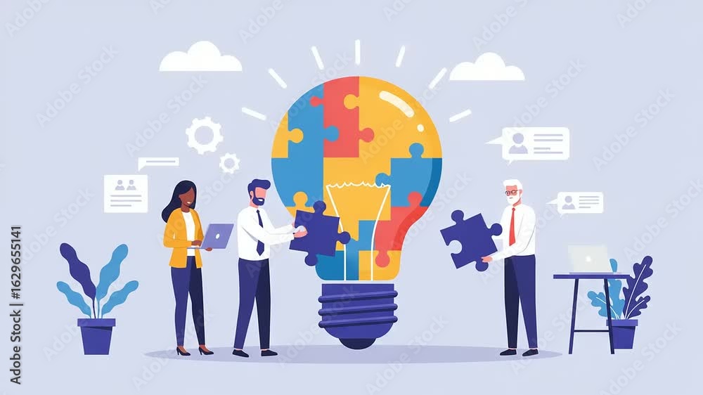 Diverse team assembling a large puzzle lightbulb Diverse team assembling a large puzzle lightbulb