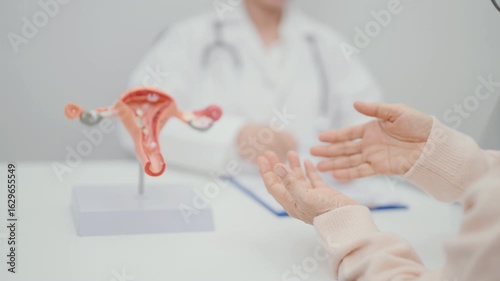 Elderly Woman patient consulting doctor with anatomy Uterus and Ovaries. Ovarian and Cervical cancer, Cervix disorder, Endometriosis, Hysterectomy, Uterine fibroids, Reproductive system and Pregnancy 