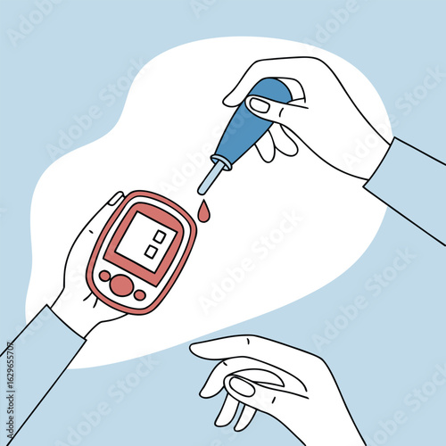 Hands using blood glucose meter and dropper for testing blood drop medical test