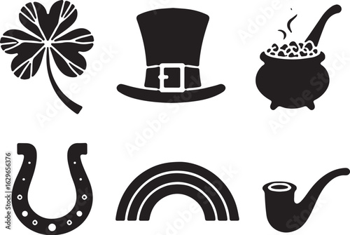 St Patrick's Day lucky icons clover hat horseshoe rainbow pot pipe