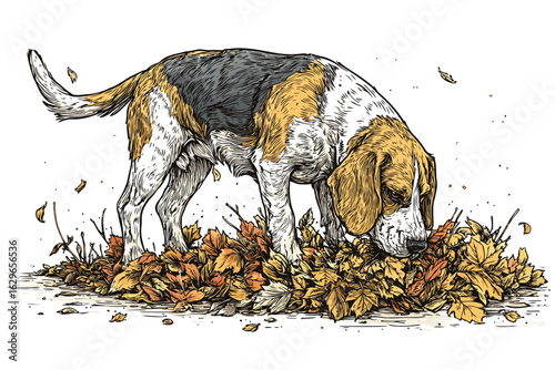 Beagle sniffing in autumn leaves isolated