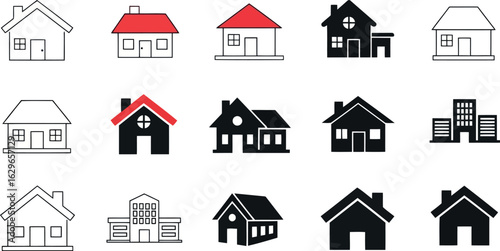 Vector art of various styles of house and building icons representing real estate and architecture, isolated on white background transparent background