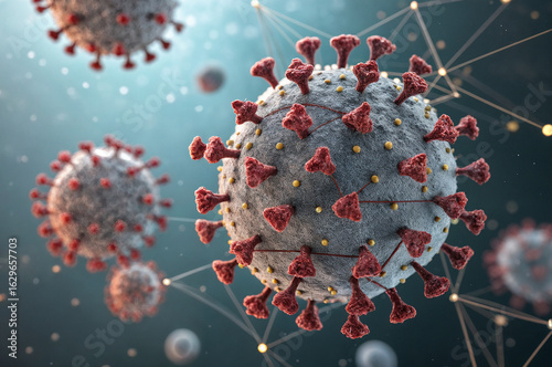 a computer-generated illustration of multiple coronaviruses, depicted with gray spherical bodies and red spike proteins. The viruses are interconnected by lines, suggesting the spread or transmission 