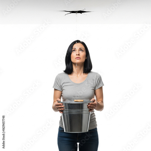 Woman collecting water leaking from the ceiling
